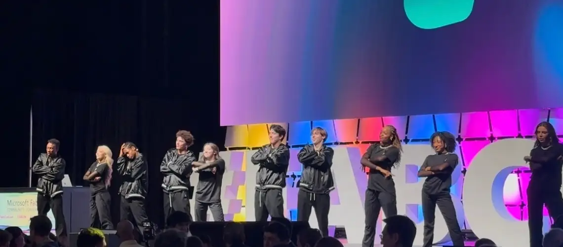 Professional dancers from Stadium Dance performing a custom convention opening for Microsoft FabCon at T-Mobile Arena in Las Vegas.